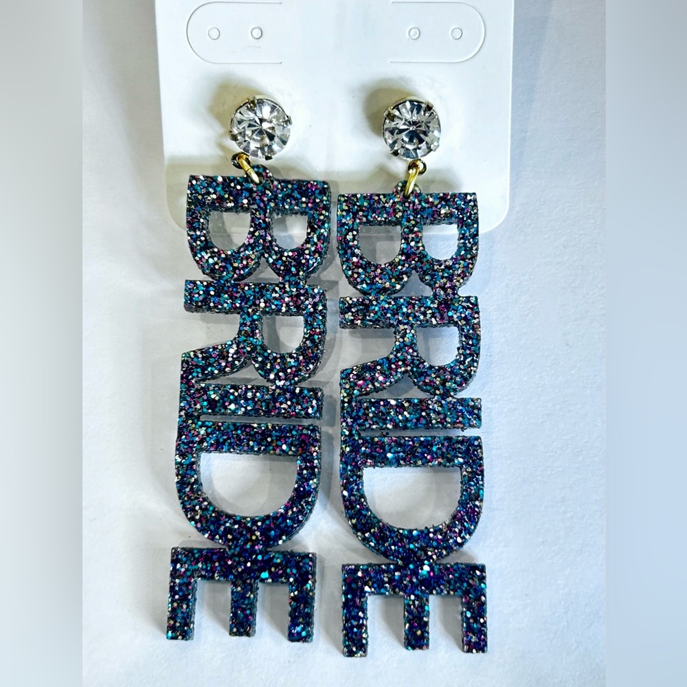 New BRIDE Earrings! glittered Acrylic Letters w rhinestones/gold toned setting
